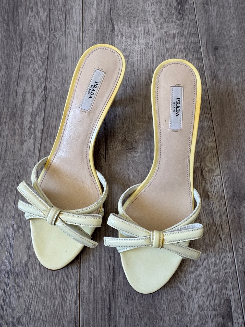 Prada Y2K Butter Yellow Patent Leather Bow Kitten Heel Sandals 37.5 Coquette - Picture 3 of 10